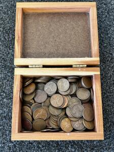 Lincoln Wheat Cent Pennies, 1940-1958, Mixed Dates, Approx. 100+ Coins, Circulated in Wooden Box