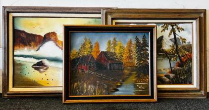Karen Mullend Original Framed Landscape Oil Paintings Set &ndash; Mountain, Seascape, Barn, Signed (23"x19", 27"x23", 29"x 23")