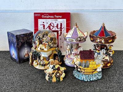 Holiday Collectibles Lot: Carousel Music Boxes, Nativity Globe, Fontanini Ornament, Christmas Frame