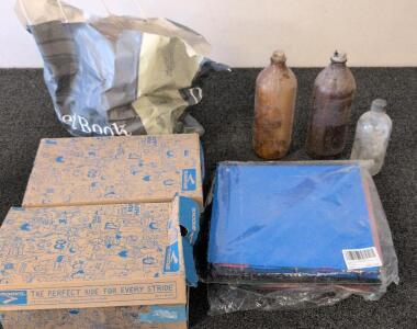 Mixed Lot: Vintage Purex/Anchor Glass Bottles, Hardware Brackets, New Binders, Fabric