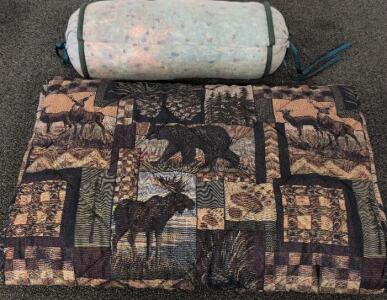 Assorted Lot: Handmade Patchwork Quilt, Tapestry Wildlife Throws, Floral Covers & Bolster Pillow
