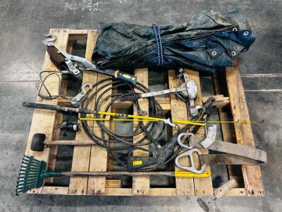 Mixed Utility Tool Lot: Eagle Claw Water Eagle HD2000 Rod/Reel, Cable Pullers, Tarp, Rake, More
