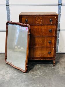Vintage 1940s 4-Drawer Dresser with Ornate Mirror, Solid Wood, Colonial Revival Style, 29"x17.5"x 43"