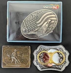 Nocona "God Bless America" Patriotic, Levi Strauss Heritage, Western Floral Belt Buckles Lot