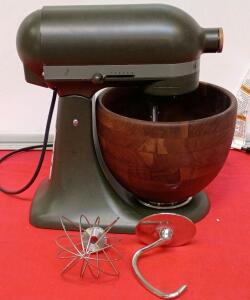 KitchenAid 6 Qt Bowl-Lift Stand Mixer, Matte Olive, Wooden Bowl, 2 Attachments, Box