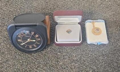Vintage Travel Quartz Alarm Clock, US West & Bell System Service Awards, Pin, Pendant, Original Cases