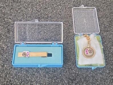 Gold-Tone Fraternal Tie Bar & Keychain Fob Set, Red Gem Accents, Matching Emblem, In Box