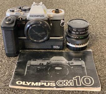 Olympus OM-10 35mm SLR with Zuiko 50mm f/1.8 Lens, Power Winder, Filters, and Manual