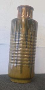 Mid-Century Modern Glazed Ceramic Vase, Brown Drip Glaze, Ribbed, Marked A21, 15in Tall