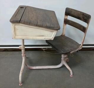 Vintage Children's School Desk With Attached Chair