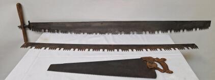 (2) Vintage 2-Man Crosscut Saw Blades, 66" & 57" W/ (1) Handle & (1) Vintage Handsaw, 28"