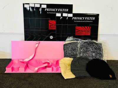 Lot of Warmboy Satin Lined Cable Knit Beanies (9 Total), (7) Privacy Filters (20" & 21.5"), Pink "MOM" Gift Box
