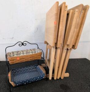 Folding Wooden TV Tray Table Set with Stand & Two-Tier Metal Basket Rack, 4 Trays, Liners Included