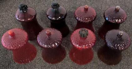 Set of 8 Red/Cranberry Glass Lantern Lamp Globes, Hobnail & Smooth, Vintage Railroad Style