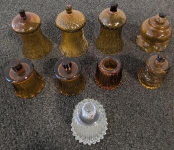 Set of 10 Vintage Amber & Clear Pressed Glass Lamp Chimneys/Globes, Fluted & Ribbed Patterns