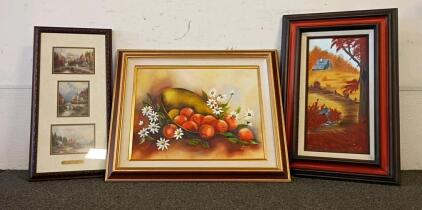 Mixed Framed Wall Art Lot: Still Life Signed Carmen, Landscape Print Trio, Autumn Scene Painting
