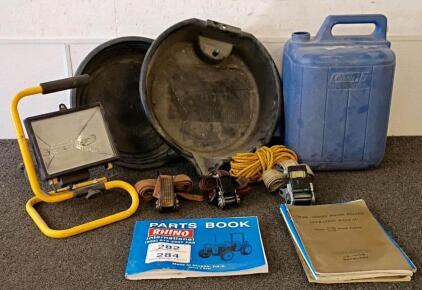 Rhino 282/284 Diesel Tractor Manuals, Work Light, Straps, Coleman 5-Gal Container, Pans Lot