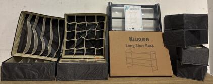 Home Organization Lot: (8) Cloth Drawer Organizers, (1) Folding Drying Rack and (1) Long Shoe Rack