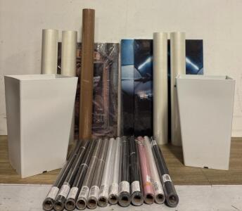 Arts And Craft Lot Including wallpaper in Black, White, Gray, And Pink, 4 Rolls Laminating sheet, 1 Roll Brown Paper, Various 17&rdquo;x23&rdquo; Canvases And (2) White Storage Bins