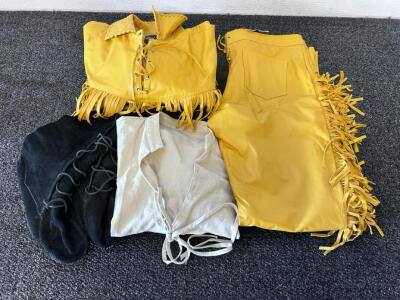 Real Leather XL Western Fringed Jacket, Pants, Shirt & Moccasin Set &ndash; Yellow & Black 4-Piece