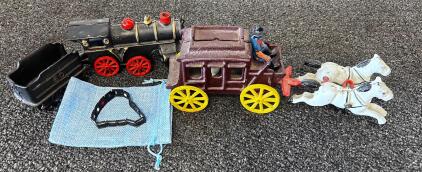 Vintage Cast Iron Toy Train '50' Locomotive & Tender, Stagecoach Set w/ Driver, Therapy Bracelet