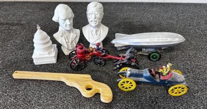 Vintage Cast Iron Toys & Avon President Bust After Shave Bottles Lot &ndash; Graf Zeppelin, Fire Engine, Capitol