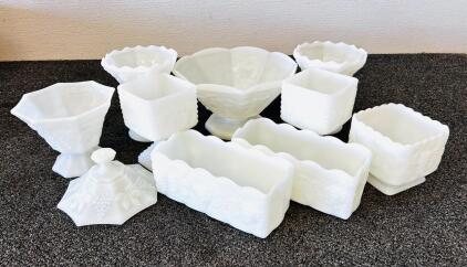 Vintage Milk Glass Planters, Vases & Compotes Set, Paneled Grapevine Pattern, 12 Pieces, White