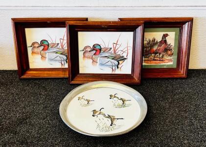 Gregory F. Messier Framed Wildlife Bird Prints (Teal & Pheasant 13"x11") w/Matching Metal Goose Tray Set