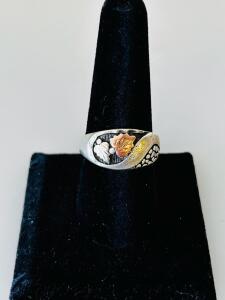 Black Hills Gold Men&rsquo;s Ring &ndash; Sterling Silver with 10K & 12K Leaf Accents, Grape Leaf Motif, US Made (size 9)