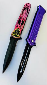 Tac-Force TF-457 Joker Purple Knife & Custom Chopper OTF, 3.5" Black Blades, Engraved