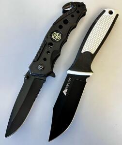 Ozark Trail Fixed Blade 8" Knife & Tactical Police Rescue Folding Knife w/ Seatbelt Cutter