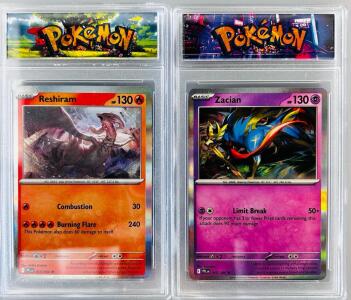 2025 Pok&eacute;mon TCG Promo Cards Zacian 045/094 & Reshiram 017/094 Holo, Custom Display Cases