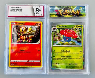 Graded 2022 Pok&eacute;mon Chimchar 8+ Brilliant Stars #024/172 & Vileplume Rare Holo 003/094 TCG Cards