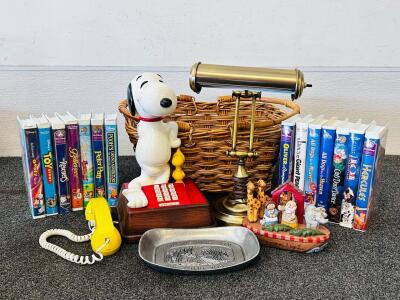 Snoopy & Woodstock Pushbutton Phone Model 705, Vintage 1970s, Fair Condition, Detached Foot, Disney VHS Movies, Brass Lamp (Unable to Test), Home Decor