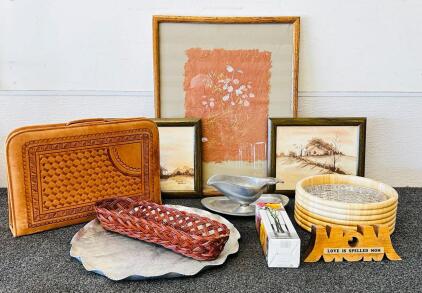 Vintage Art Lot: Donna Stanke '82 (17"x21"), Karen Mullend Watercolors (11.5"x 10"), Tooled Leather Briefcase, Metal Tray and More
