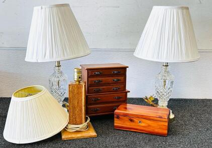 Vintage Decor Lot: Lane Cedar Box, Caprice Jewelry Chest, Pair Crystal Lamps, Wood Lamp (Lamps Tested and Function)