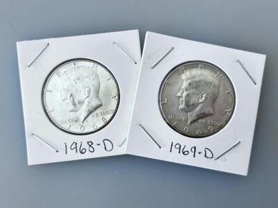 1968-D And 1969-D Kennedy Half Dollar 40% Silver Circulated Set Denver Mint US Coins