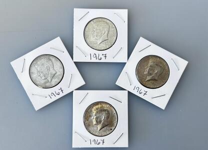 1967 Kennedy Half Dollar Coins &ndash; 40% Silver, Circulated, Set of 4, No Mint Mark, U.S.A.