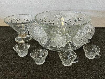 Vintage Starburst Pressed Glass Punch Bowl Set, 10 Cups, Tray, Pedestal Bowl, Hooks, Clear Crystal