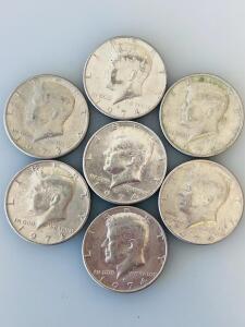 1973, 1974 Kennedy Half Dollars, Denver Mint, Copper-Nickel Clad, Circulated, Lot of 7 Coins