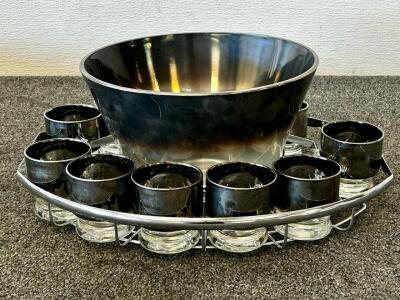 Anchor Hocking Silver Fade Punch Bowl Set, 12 Tumblers & Chrome Caddy, Mid-Century Modern