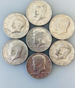 Lot of 7 Kennedy Half Dollars, 1977-1980, Denver Mint, Copper-Nickel Clad, Circulated