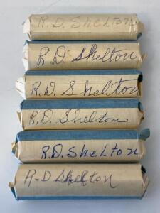 6 Rolls Jefferson Nickels, 240 Coins, Hand-Wrapped Vintage Collection Marked "R.D. Shelton"