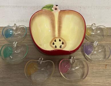 Apple-Shaped Serving Bowl Set &ndash; Ceramic Centerpiece With 6 Colored Glass Bowls, Multicolor Leaves