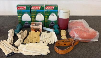 Coleman Table Lamp Lot (3x Model 5370H190), PolyLite 1G Jug, 8 Work Gloves, Leather Belt, Dumbbells