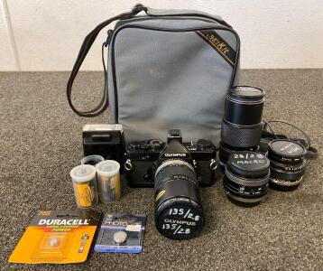 Olympus OM-1N 35mm SLR Film Camera Kit w/ 50mm f/1.4, 28mm Macro, 135mm, 75-150mm Lenses, Flash