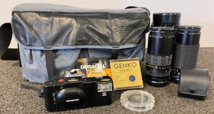 Olympus XA2 35mm Camera with A11 Flash, KitStar & JCPenney 80-200mm Lenses, Bag, Filters
