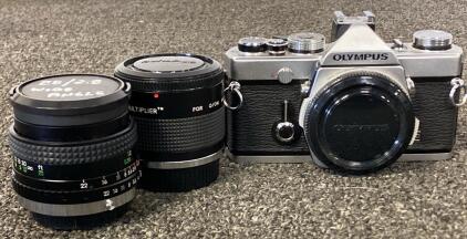 Olympus OM-1 35mm SLR Camera with 28mm f/2.8 Wide Angle Lens & 2x Teleconverter O/OM Mount