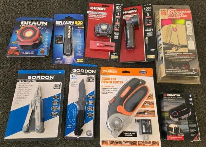 Mixed Tool & Gadget Lot &ndash; Braun Flashlights, Husky Work Lights, Gordon Multi-Tool & Knife, Warrior Cordless Cutter, Bluetooth Receiver & More &ndash;Like New in Package