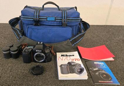 Nikon N70 35mm SLR Film Camera Body Kit, F-Mount, Bag, Manuals, Filters, Strap